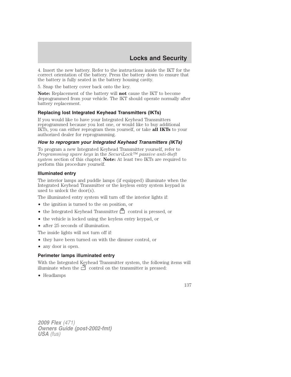 Illuminated entry, Perimeter lamps illuminated entry, Locks and security | FORD 2009 Flex v.1 User Manual | Page 137 / 374