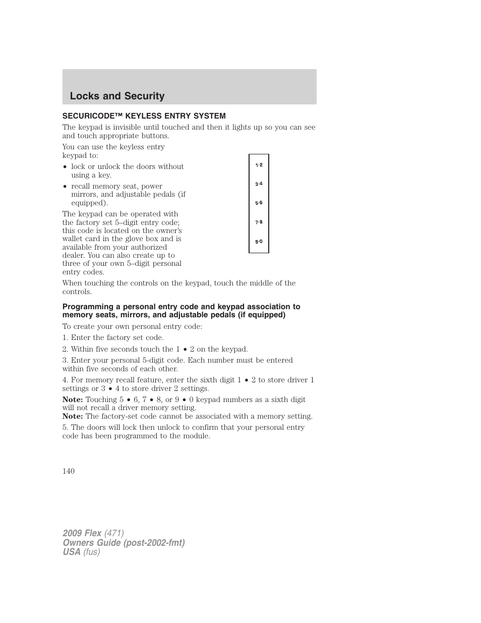 Securicode™ keyless entry system, Locks and security | FORD 2009 Flex v.1 User Manual | Page 140 / 374