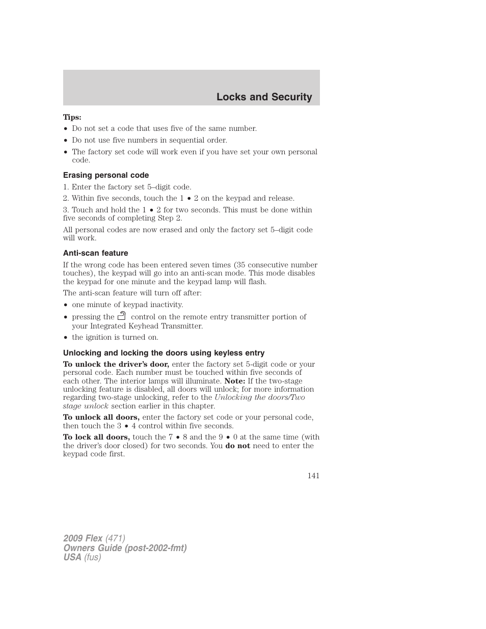 Erasing personal code, Anti-scan feature, Locks and security | FORD 2009 Flex v.1 User Manual | Page 141 / 374