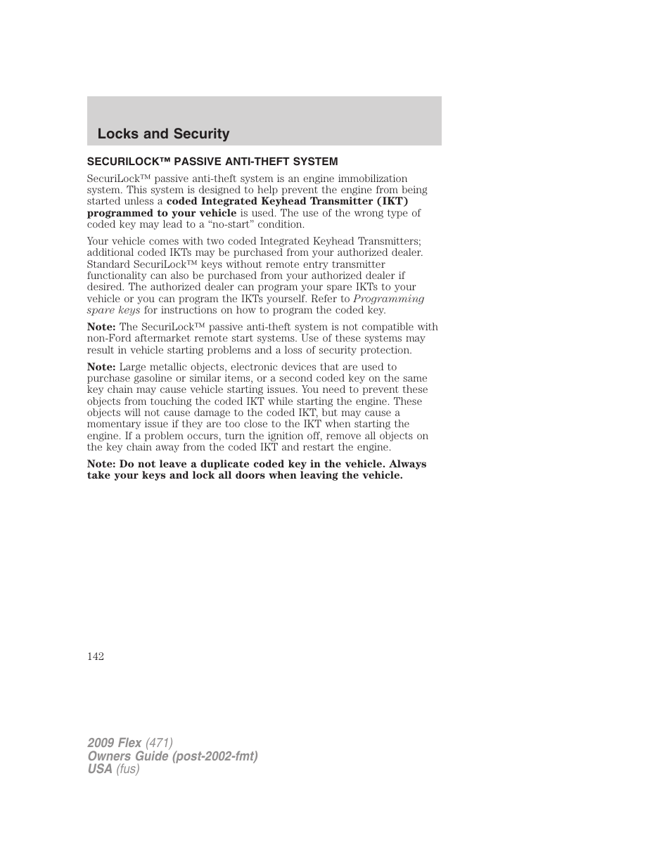 Securilock™ passive anti-theft system, Anti-theft system, Locks and security | FORD 2009 Flex v.1 User Manual | Page 142 / 374
