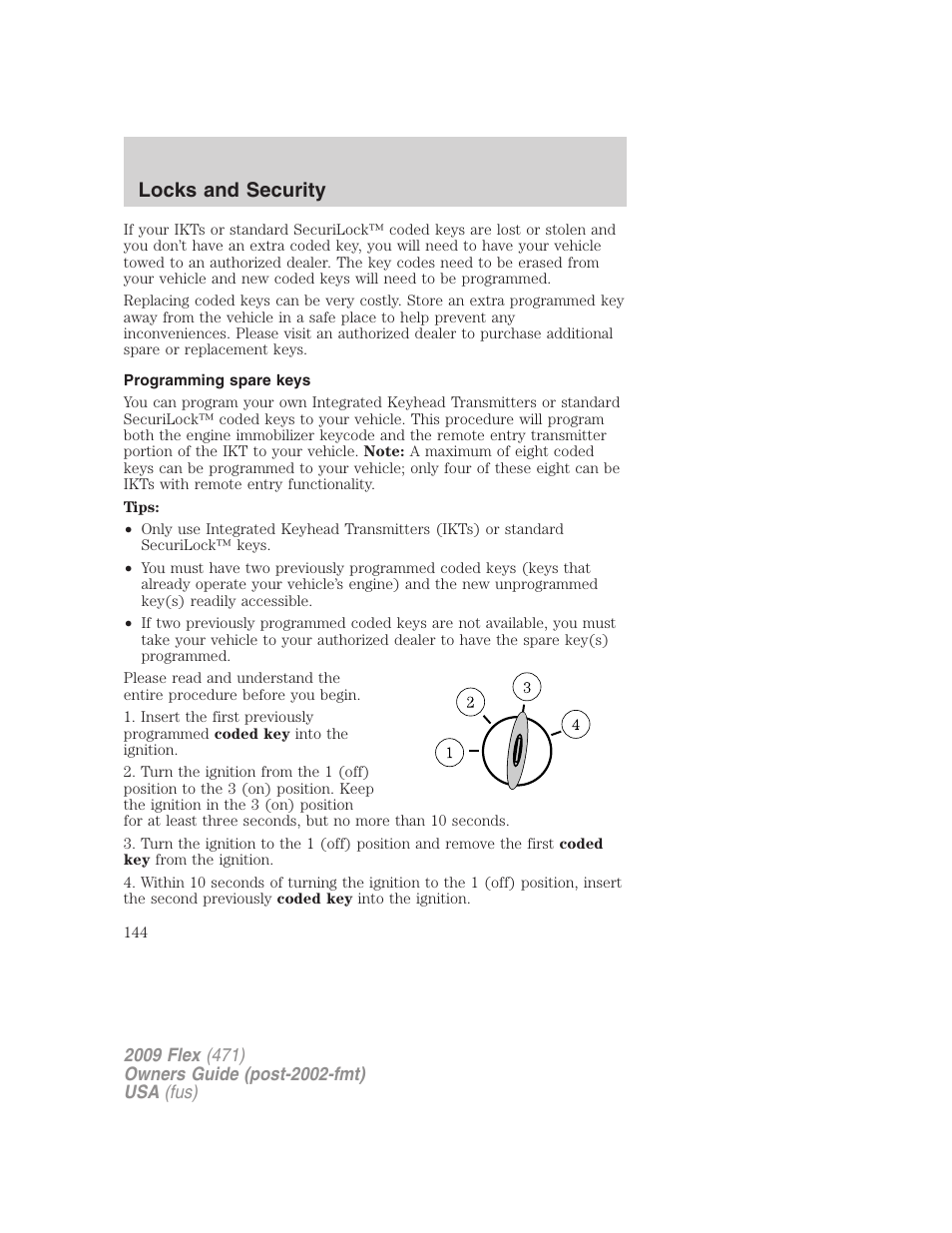 Programming spare keys, Locks and security | FORD 2009 Flex v.1 User Manual | Page 144 / 374