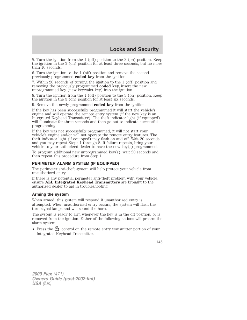 Perimeter alarm system (if equipped), Arming the system, Locks and security | FORD 2009 Flex v.1 User Manual | Page 145 / 374