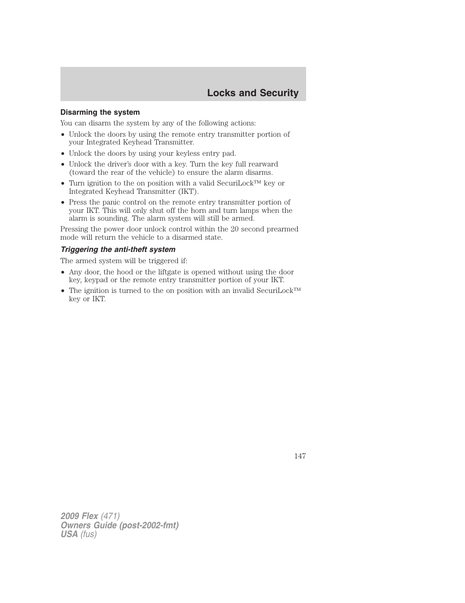 Disarming the system, Triggering the anti-theft system, Locks and security | FORD 2009 Flex v.1 User Manual | Page 147 / 374