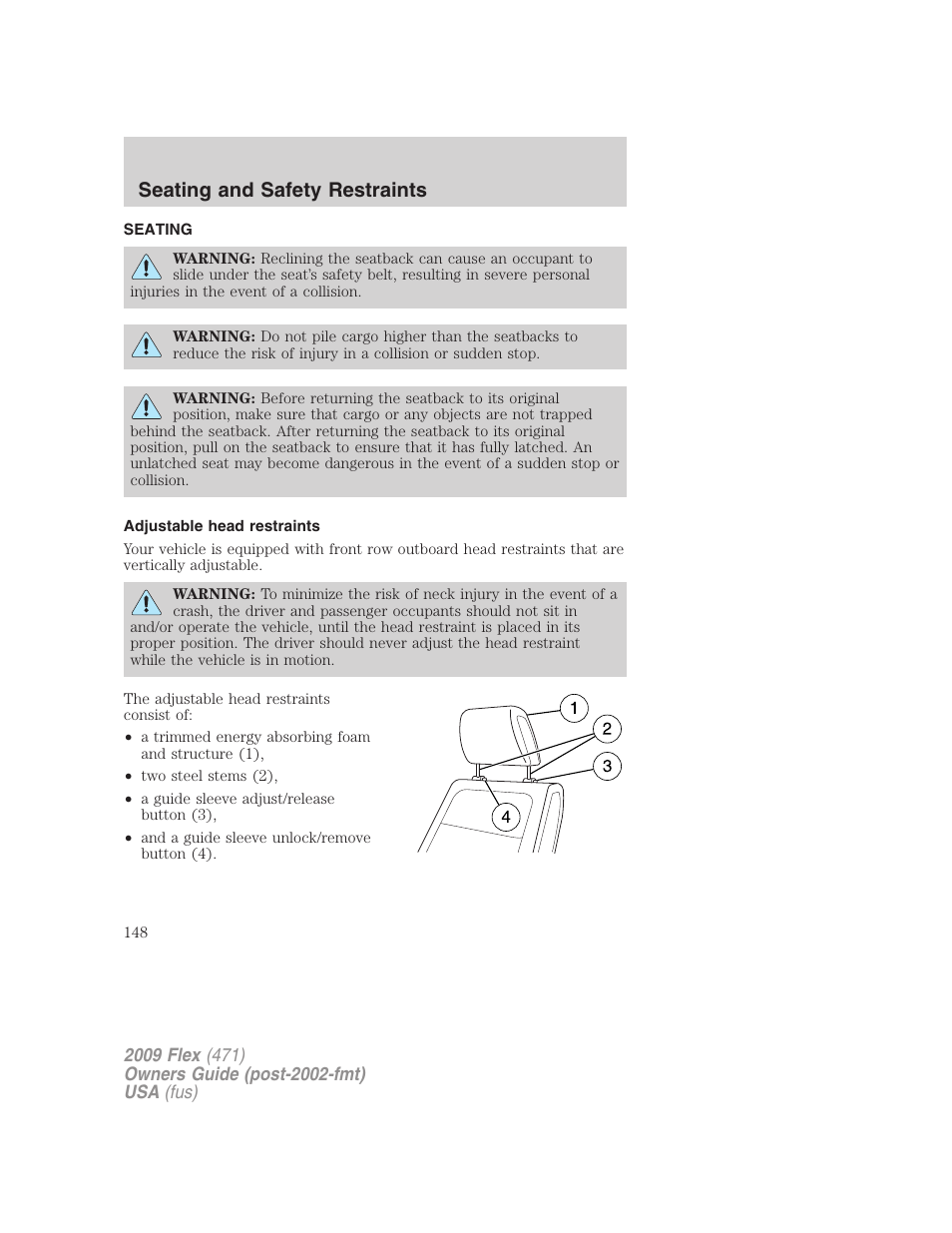 Seating and safety restraints, Seating, Adjustable head restraints | FORD 2009 Flex v.1 User Manual | Page 148 / 374