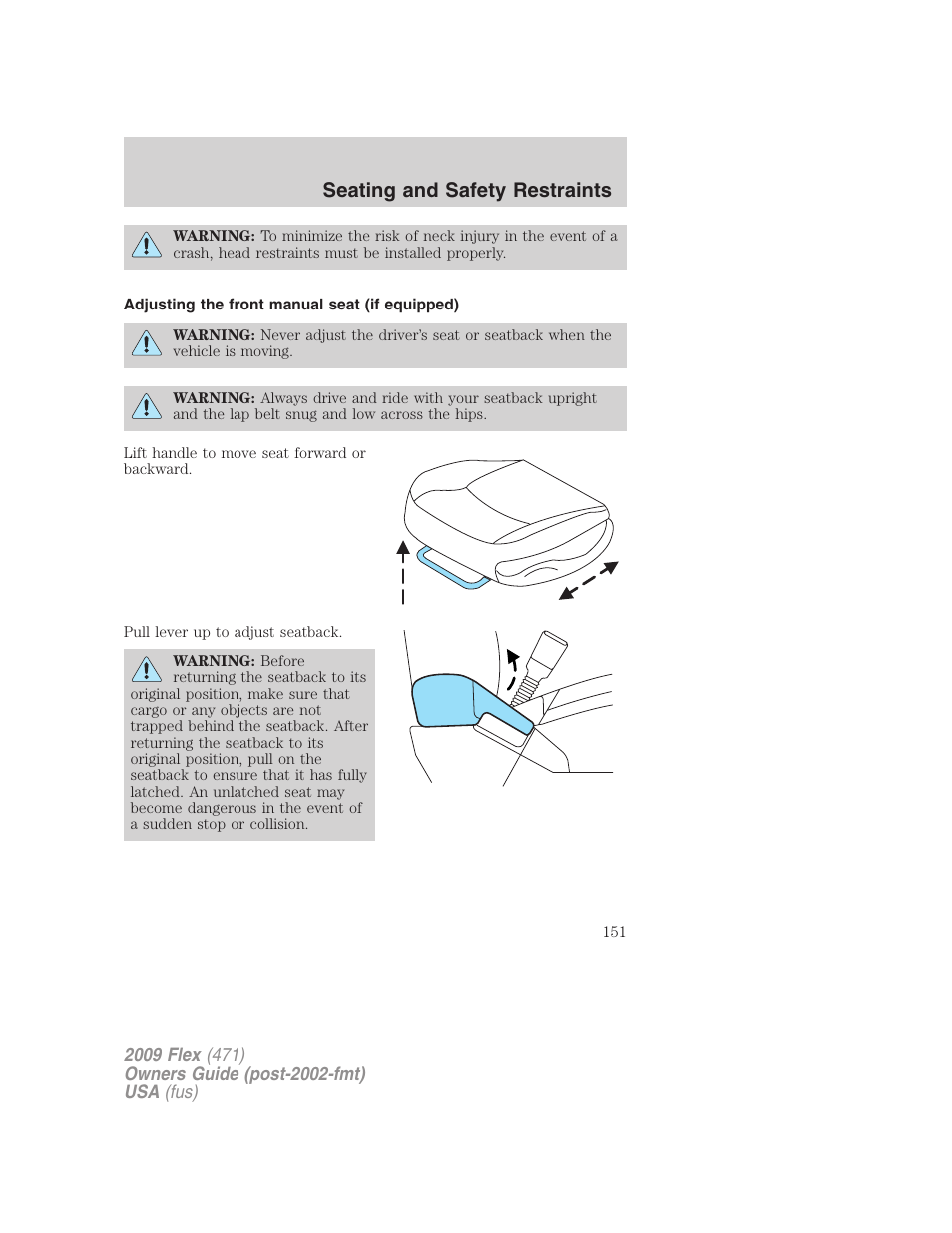 Adjusting the front manual seat (if equipped), Seating and safety restraints | FORD 2009 Flex v.1 User Manual | Page 151 / 374