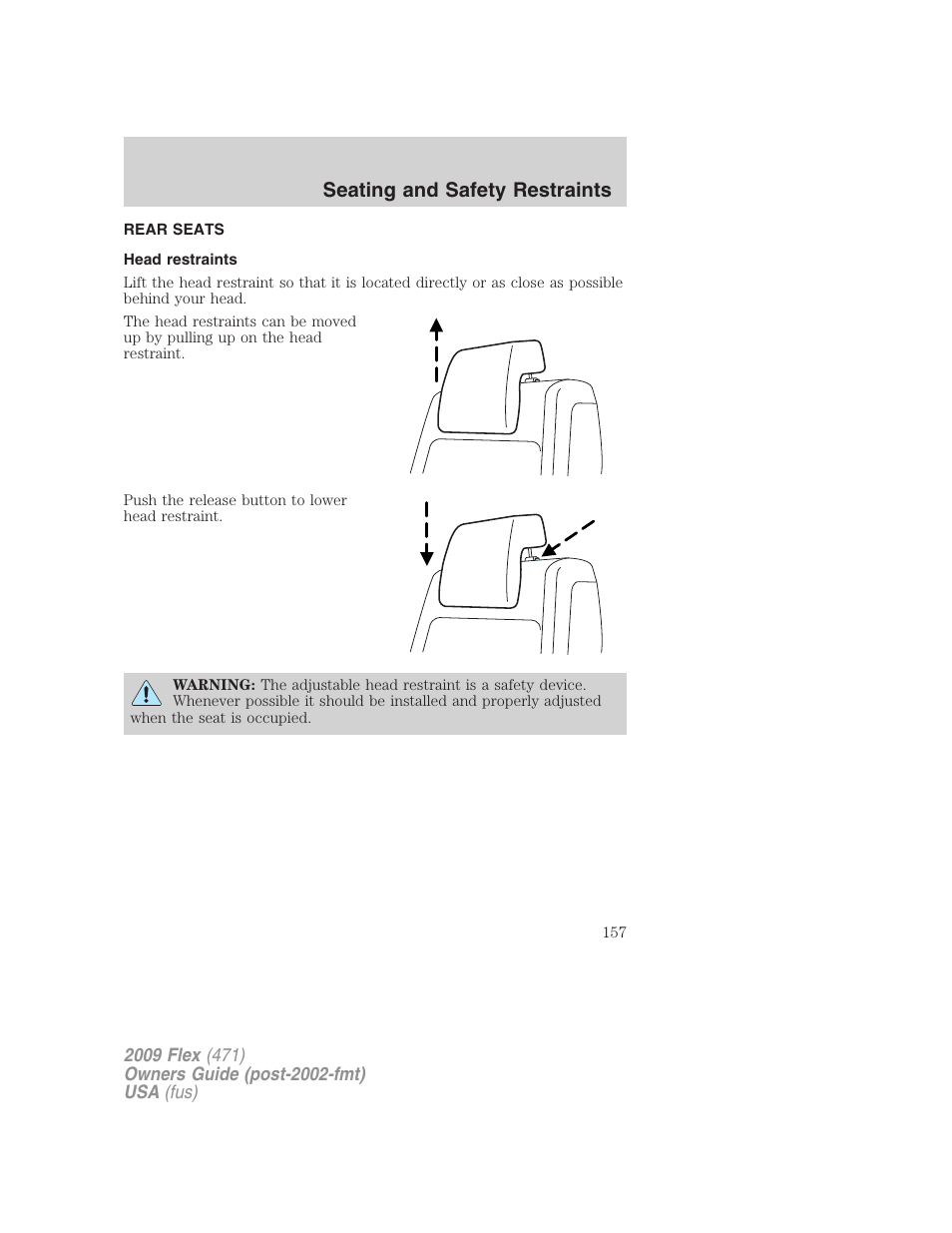 Rear seats, Head restraints, Seating and safety restraints | FORD 2009 Flex v.1 User Manual | Page 157 / 374