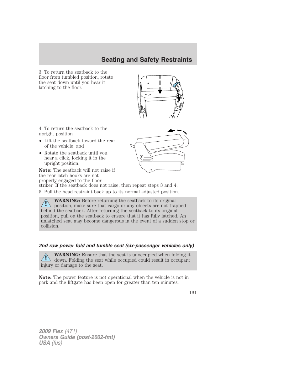 Seating and safety restraints | FORD 2009 Flex v.1 User Manual | Page 161 / 374