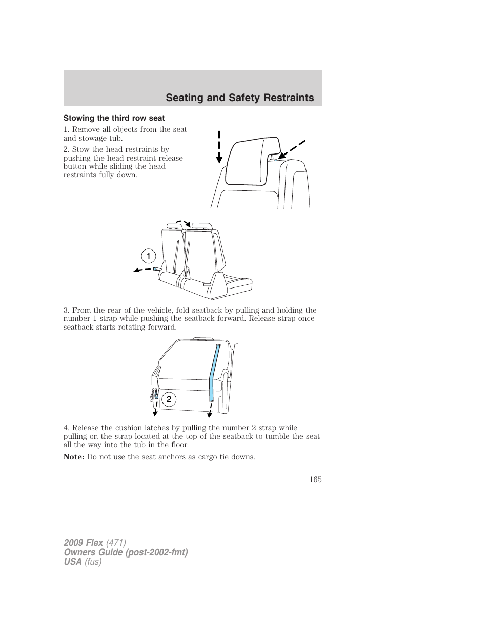 Stowing the third row seat, Seating and safety restraints | FORD 2009 Flex v.1 User Manual | Page 165 / 374