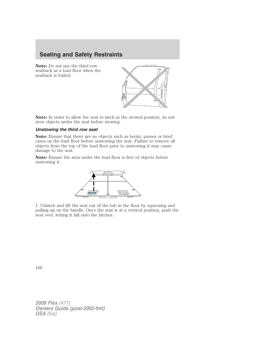 Unstowing the third row seat, Seating and safety restraints | FORD 2009 Flex v.1 User Manual | Page 166 / 374