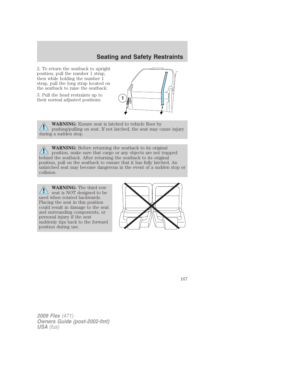 Seating and safety restraints | FORD 2009 Flex v.1 User Manual | Page 167 / 374