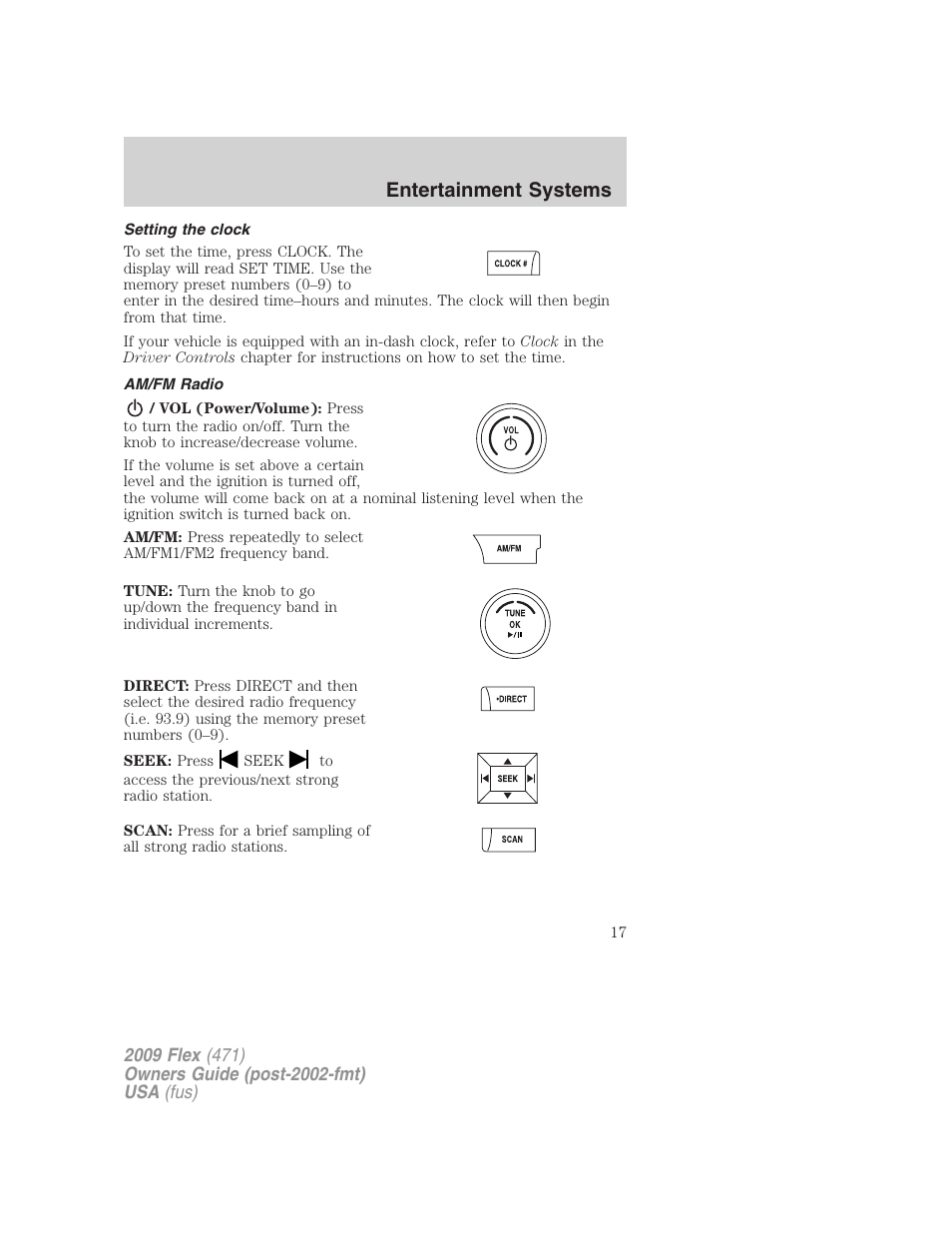 Setting the clock, Am/fm radio, Entertainment systems | FORD 2009 Flex v.1 User Manual | Page 17 / 374