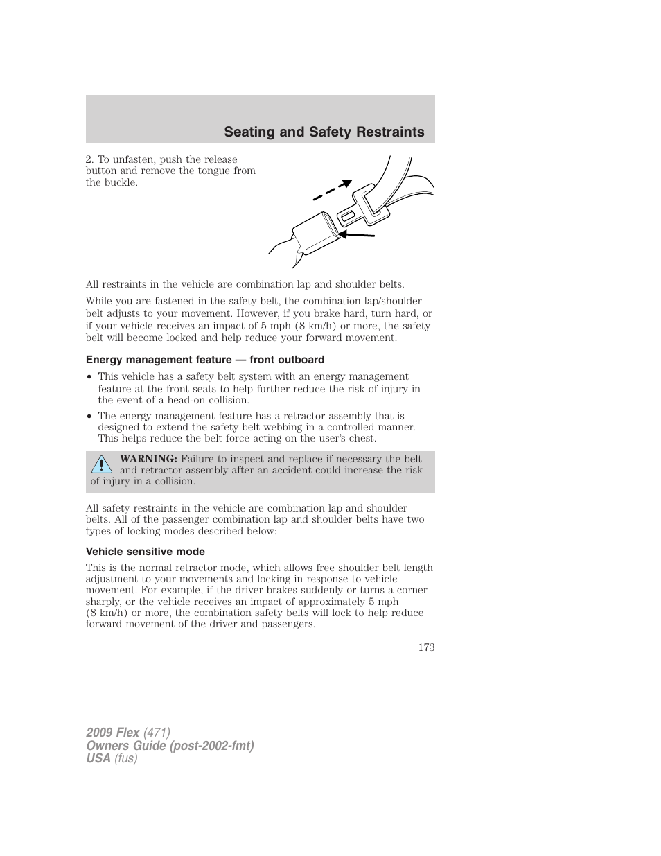 Energy management feature — front outboard, Vehicle sensitive mode, Seating and safety restraints | FORD 2009 Flex v.1 User Manual | Page 173 / 374