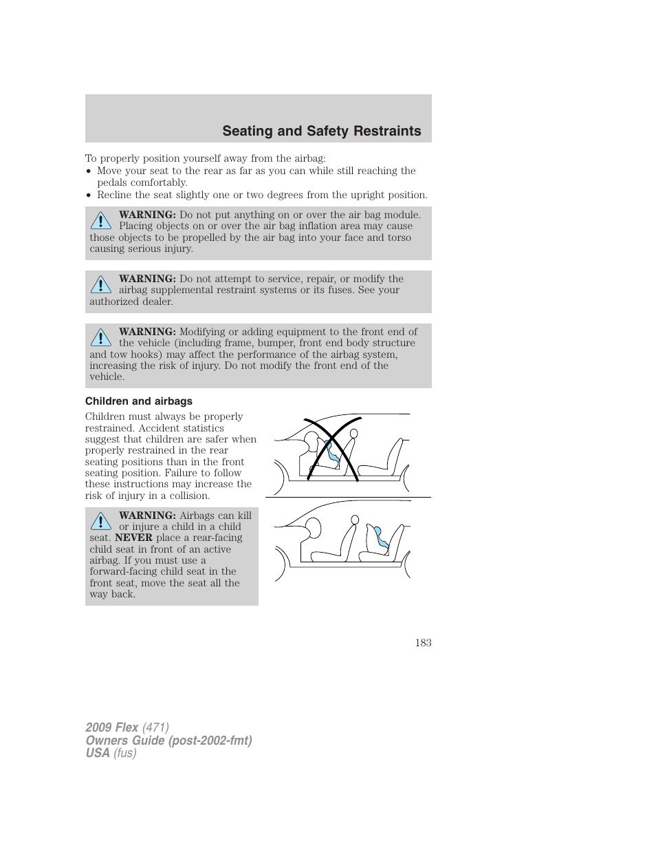 Children and airbags, Seating and safety restraints | FORD 2009 Flex v.1 User Manual | Page 183 / 374