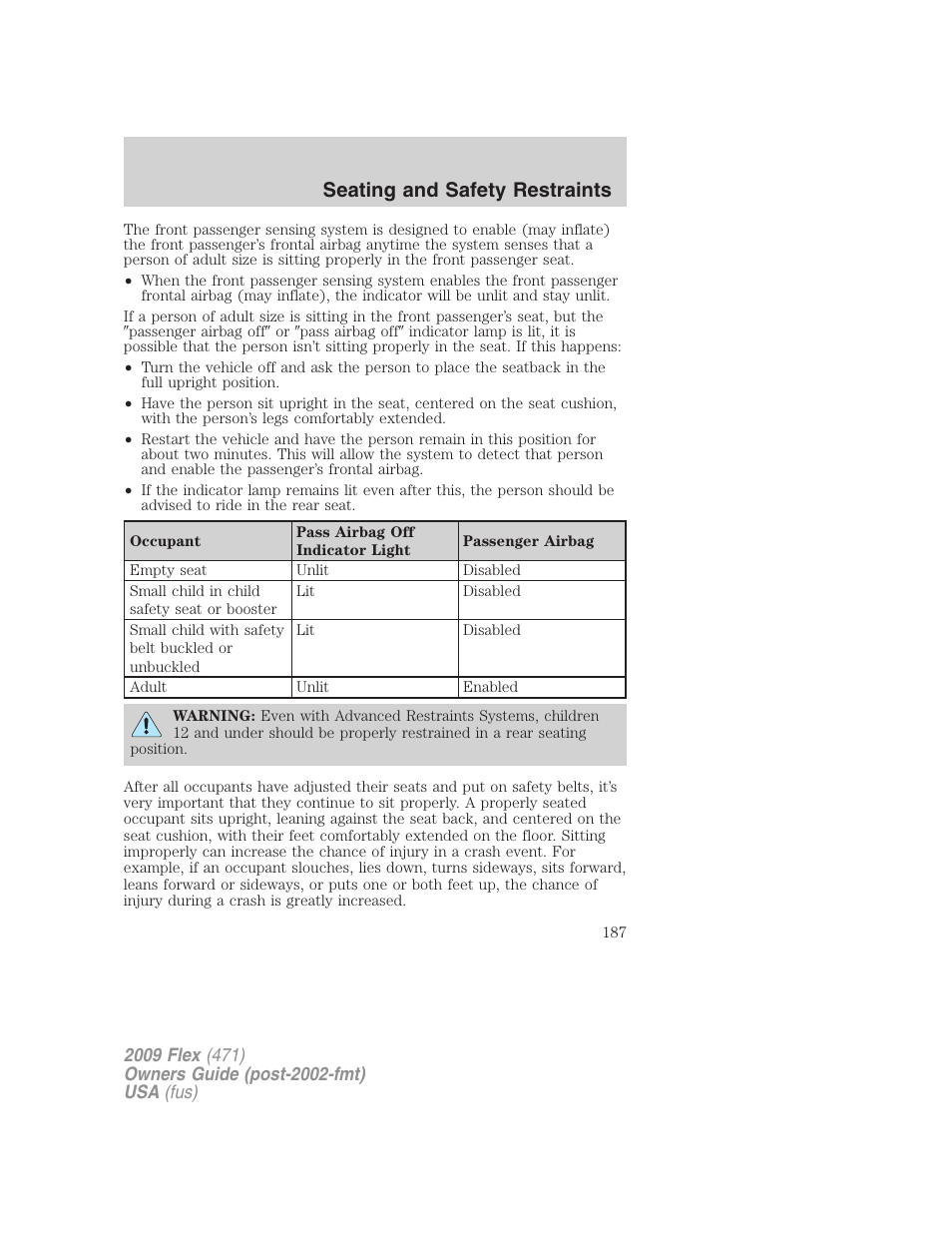 Seating and safety restraints | FORD 2009 Flex v.1 User Manual | Page 187 / 374