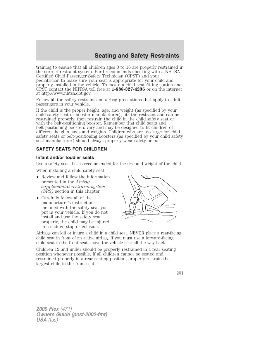 Safety seats for children, Infant and/or toddler seats, Seating and safety restraints | FORD 2009 Flex v.1 User Manual | Page 201 / 374