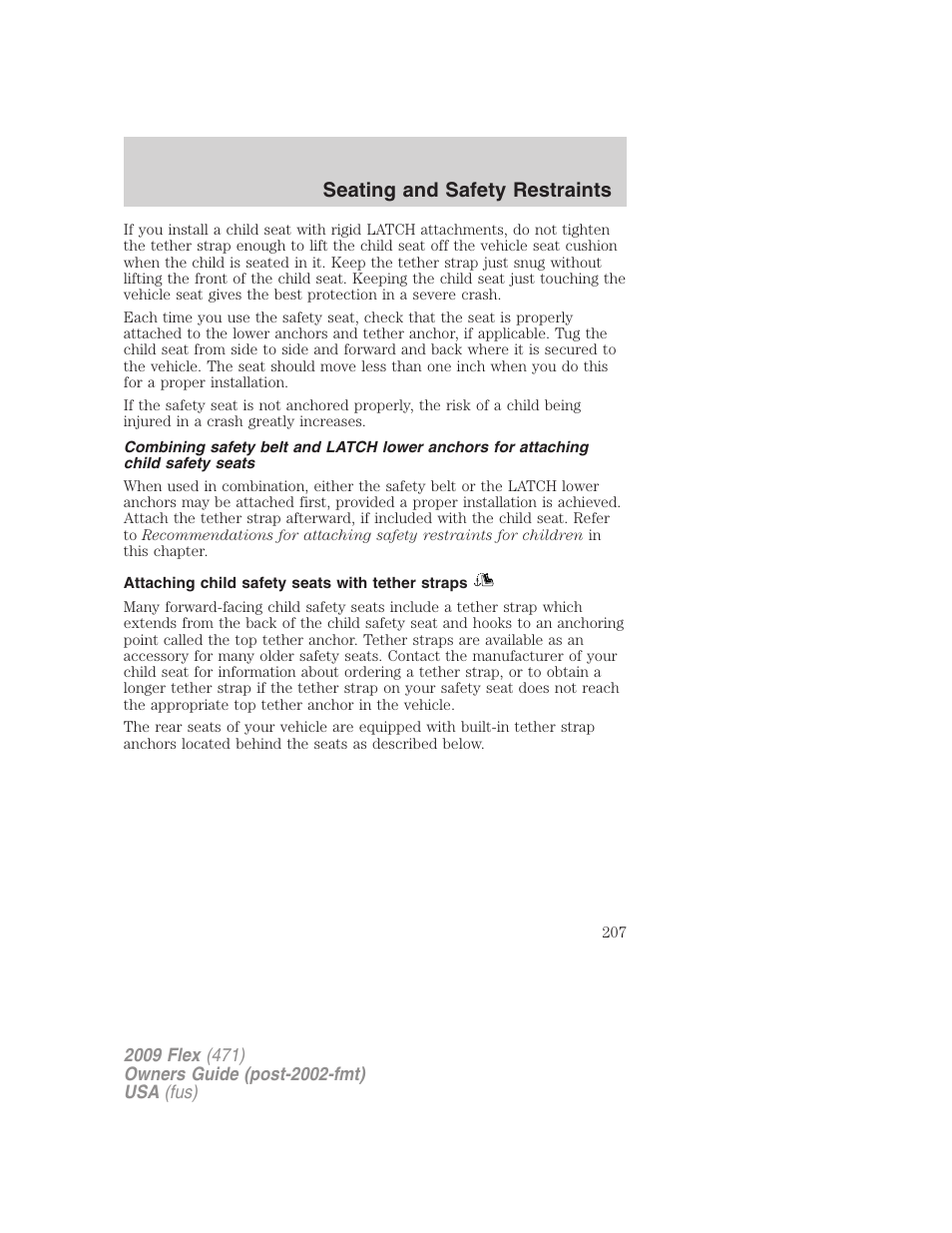 Attaching child safety seats with tether straps, Seating and safety restraints | FORD 2009 Flex v.1 User Manual | Page 207 / 374