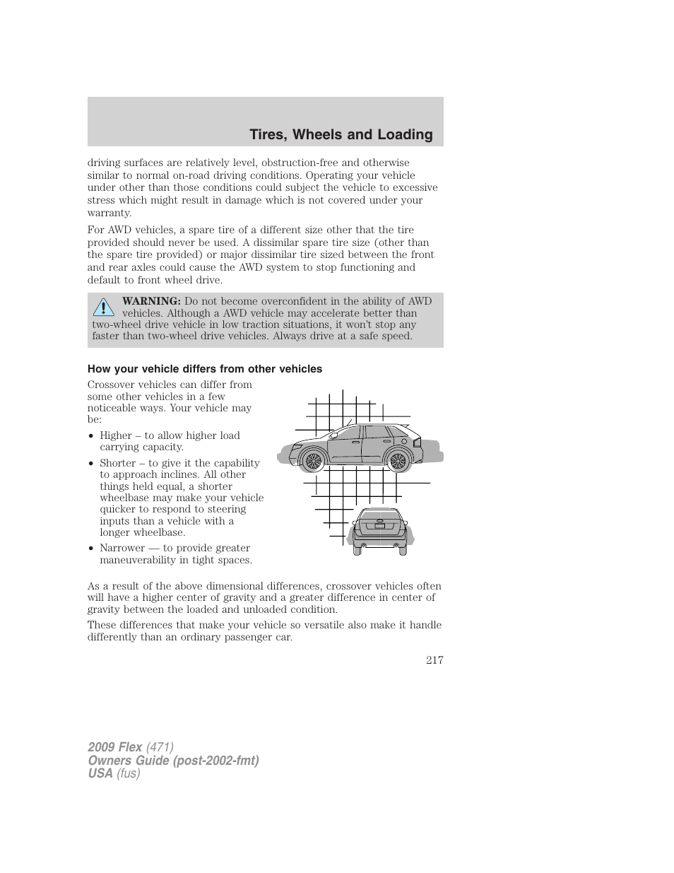 How your vehicle differs from other vehicles, Tires, wheels and loading | FORD 2009 Flex v.1 User Manual | Page 217 / 374