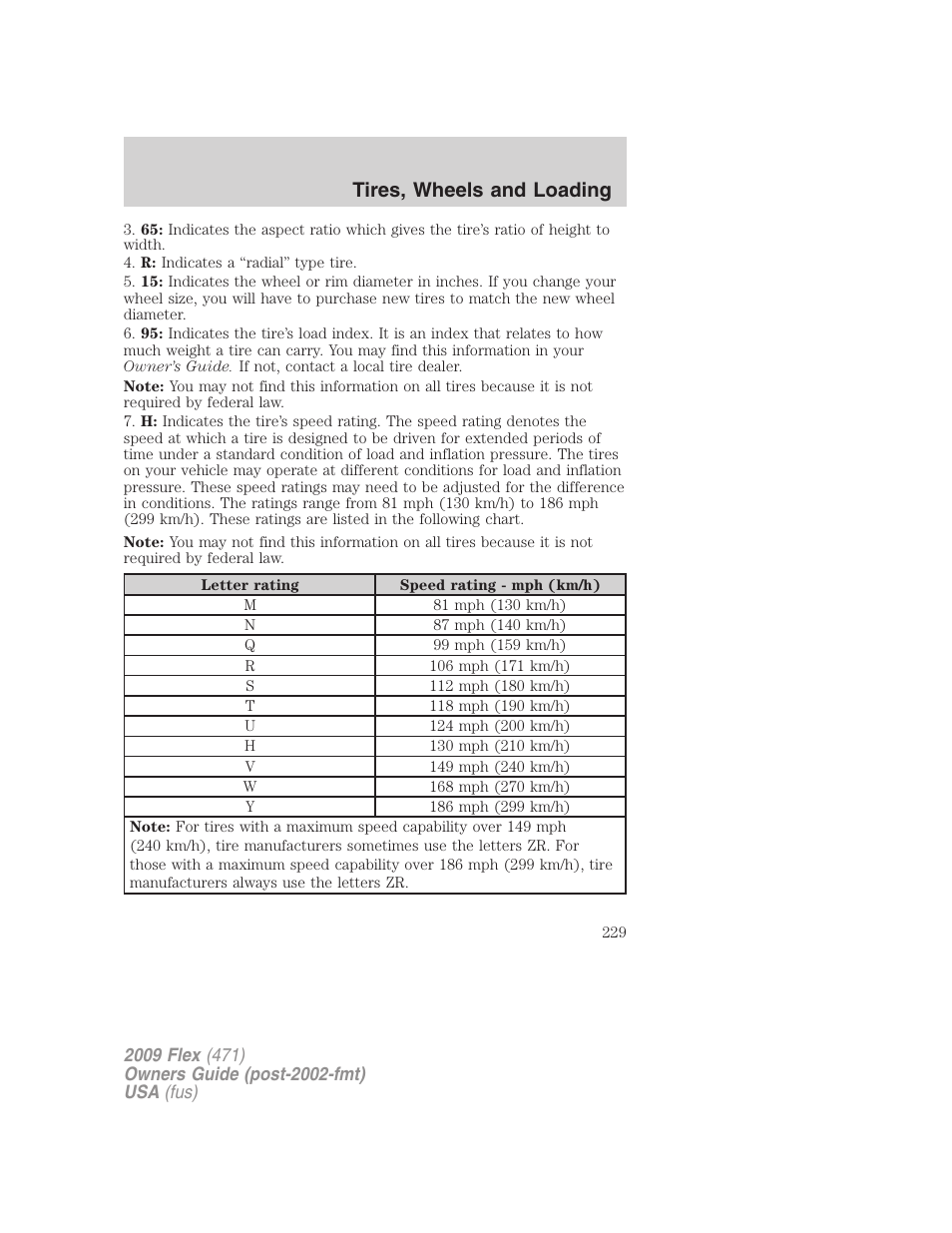 Tires, wheels and loading | FORD 2009 Flex v.1 User Manual | Page 229 / 374
