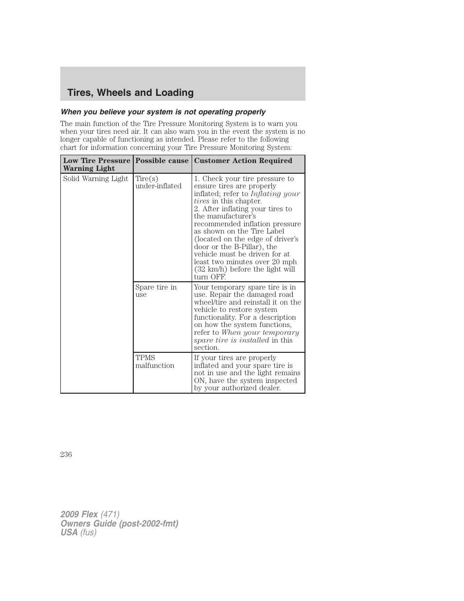 Tires, wheels and loading | FORD 2009 Flex v.1 User Manual | Page 236 / 374