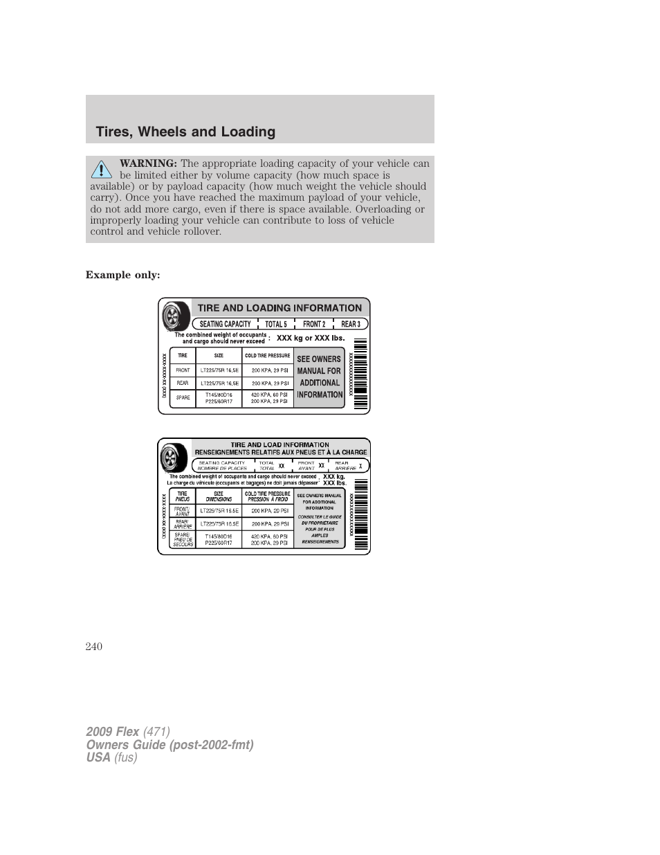 Tires, wheels and loading | FORD 2009 Flex v.1 User Manual | Page 240 / 374