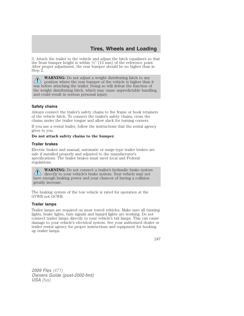 Safety chains, Trailer brakes, Trailer lamps | Tires, wheels and loading | FORD 2009 Flex v.1 User Manual | Page 247 / 374