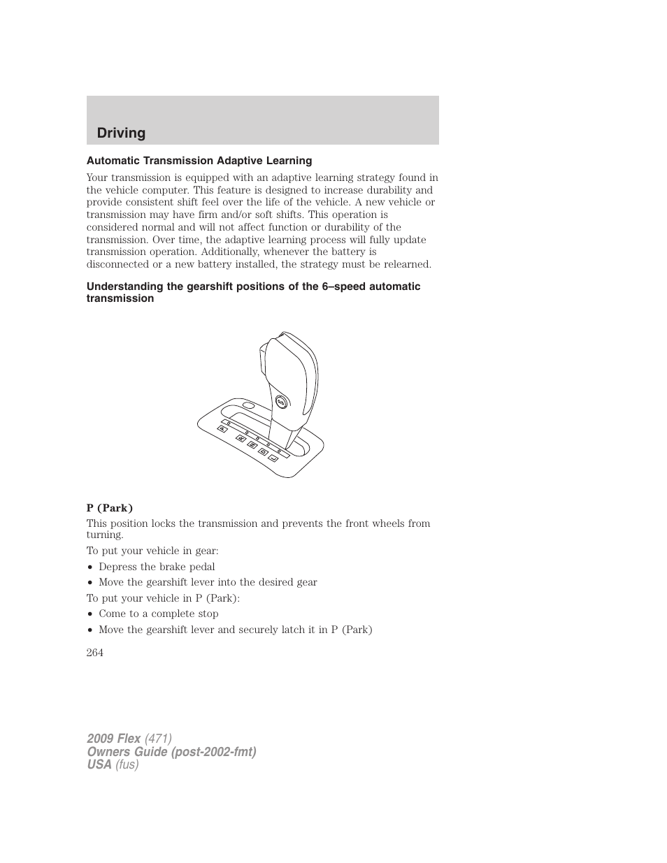Automatic transmission adaptive learning, Driving | FORD 2009 Flex v.1 User Manual | Page 264 / 374