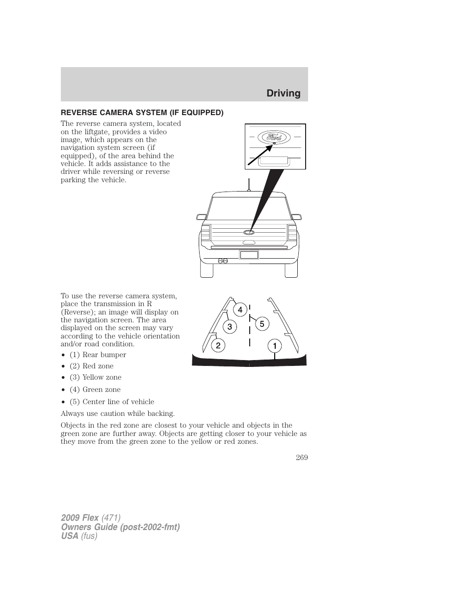 Reverse camera system (if equipped), Reverse camera, Driving | FORD 2009 Flex v.1 User Manual | Page 269 / 374