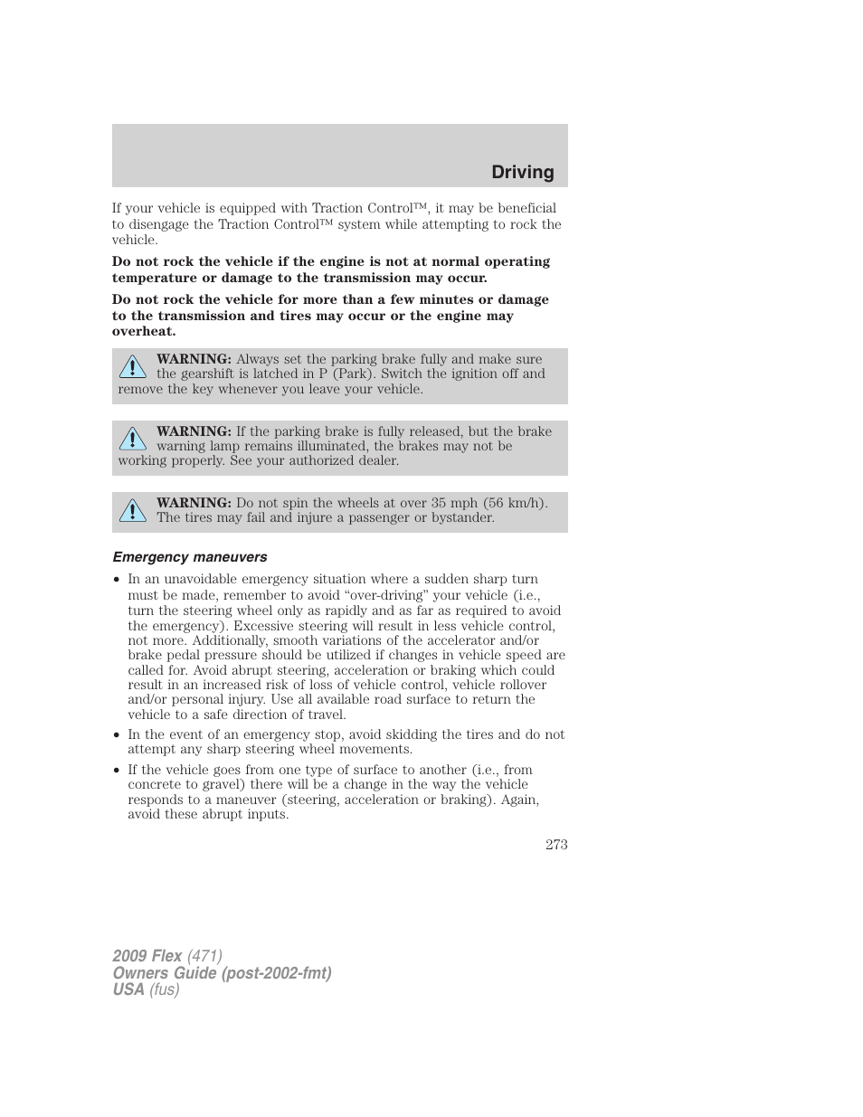 Emergency maneuvers, Driving | FORD 2009 Flex v.1 User Manual | Page 273 / 374