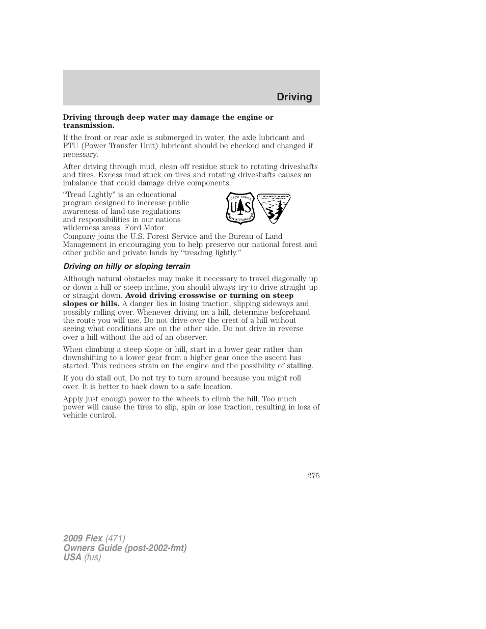 Driving on hilly or sloping terrain, Driving | FORD 2009 Flex v.1 User Manual | Page 275 / 374