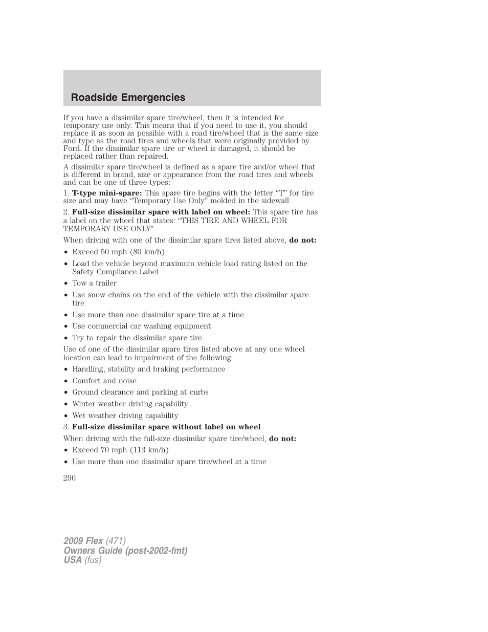 Roadside emergencies | FORD 2009 Flex v.1 User Manual | Page 290 / 374