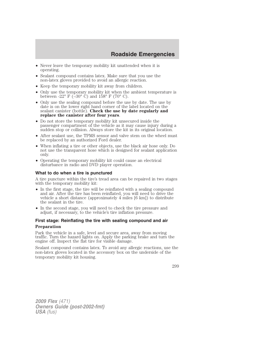 What to do when a tire is punctured, Roadside emergencies | FORD 2009 Flex v.1 User Manual | Page 299 / 374