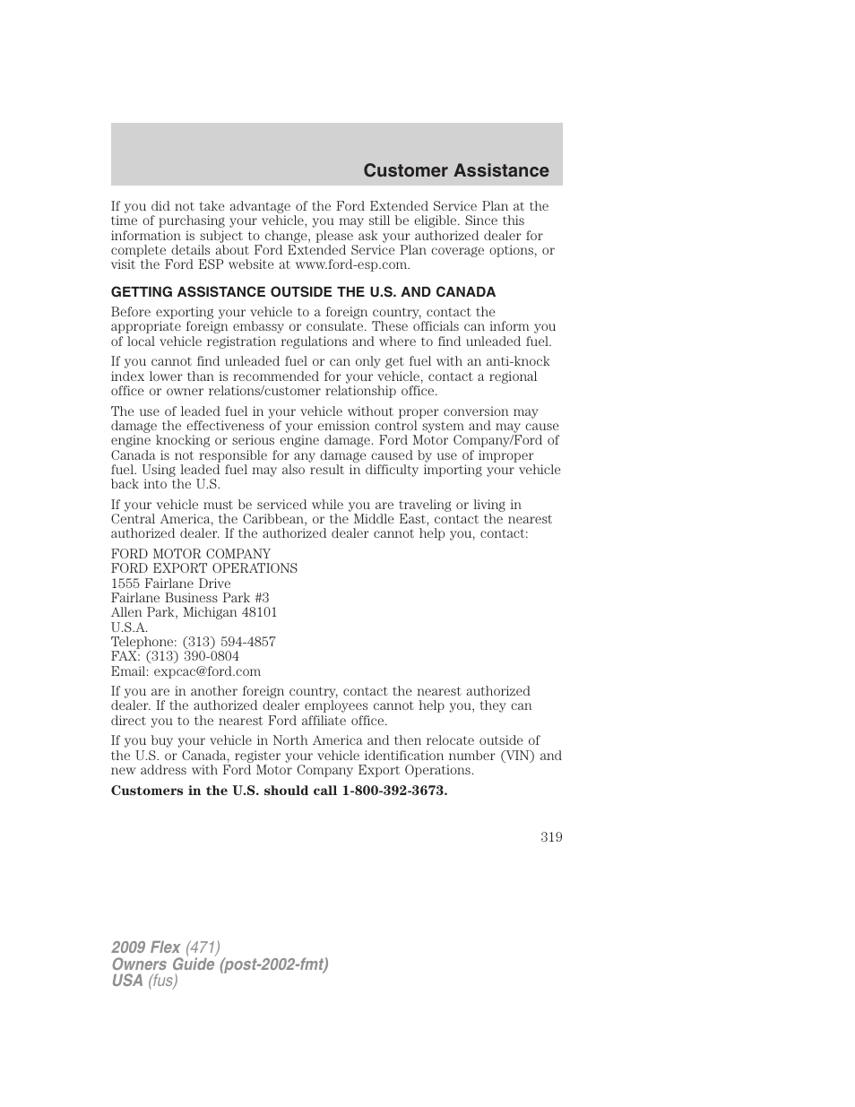 Getting assistance outside the u.s. and canada, Customer assistance | FORD 2009 Flex v.1 User Manual | Page 319 / 374