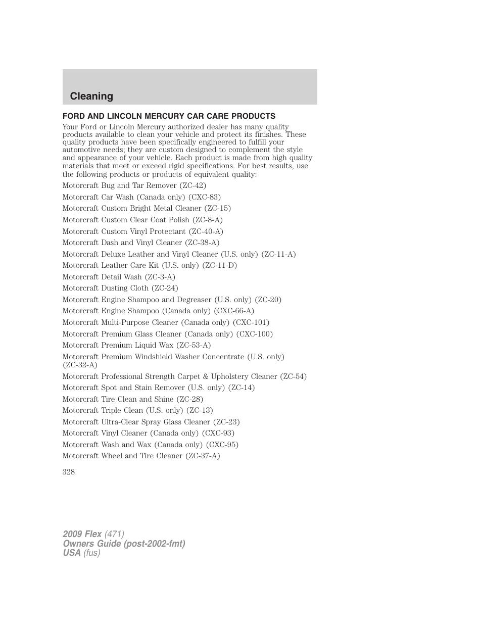 Ford and lincoln mercury car care products, Cleaning | FORD 2009 Flex v.1 User Manual | Page 328 / 374