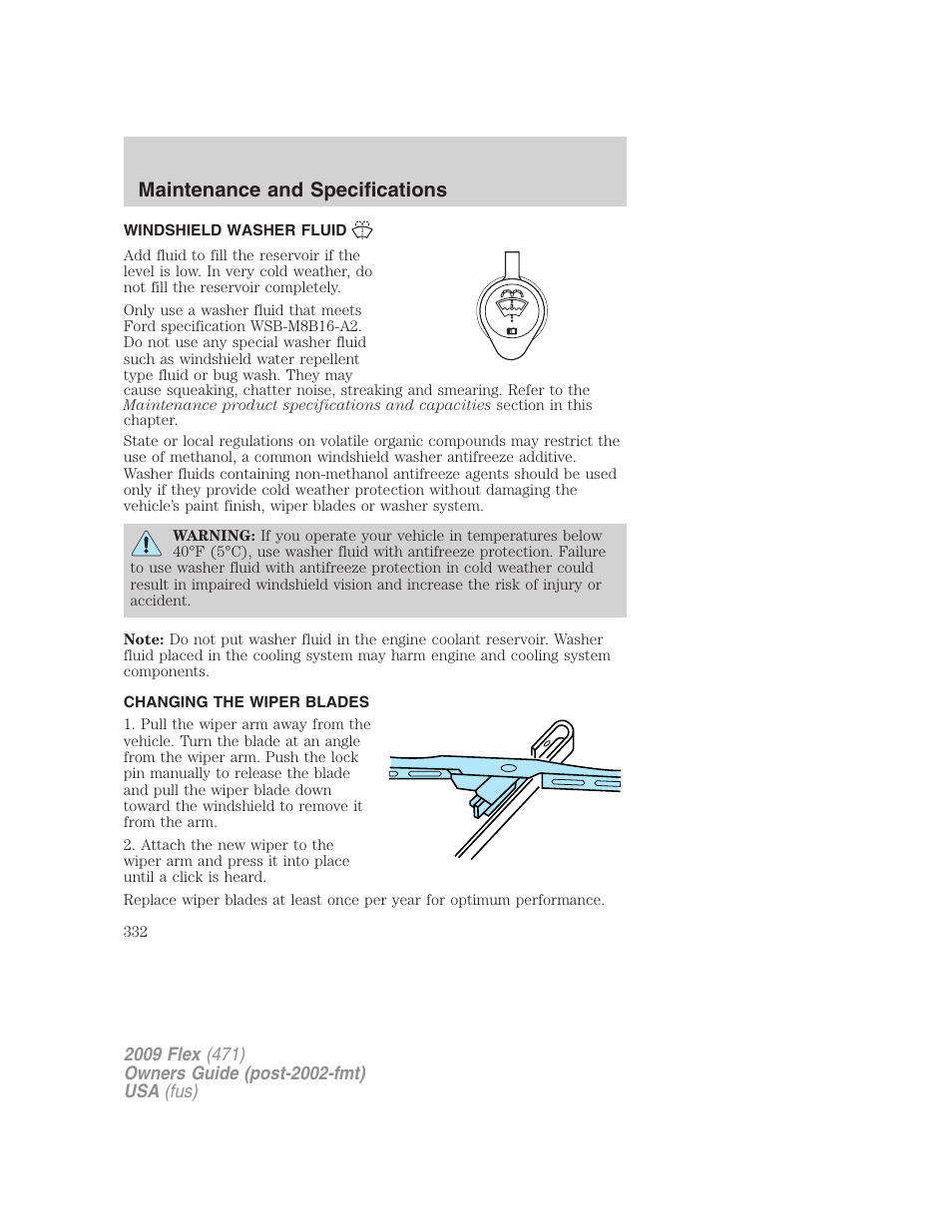 Windshield washer fluid, Changing the wiper blades, Maintenance and specifications | FORD 2009 Flex v.1 User Manual | Page 332 / 374