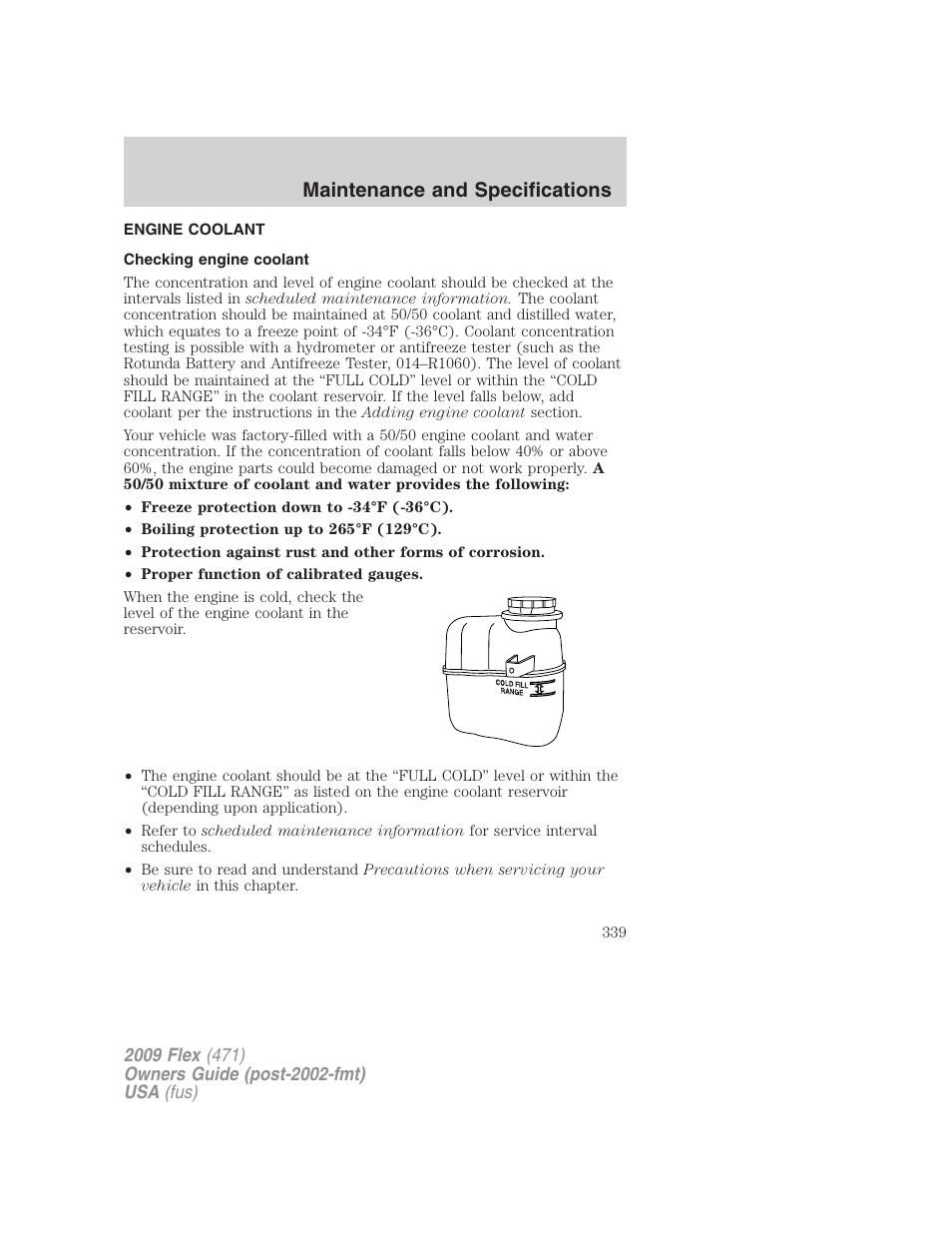 Engine coolant, Checking engine coolant, Maintenance and specifications | FORD 2009 Flex v.1 User Manual | Page 339 / 374