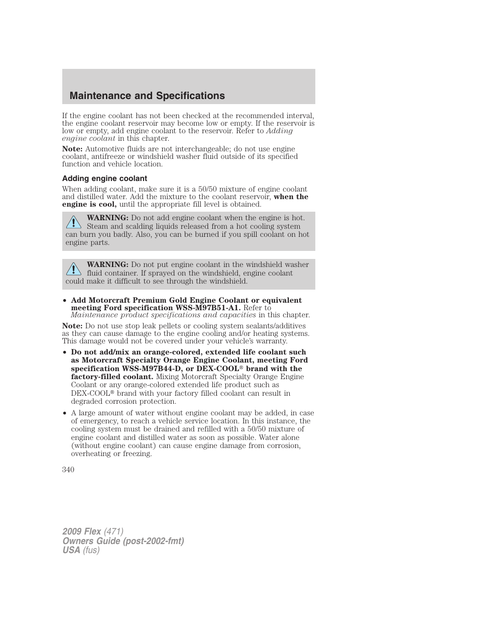 Adding engine coolant, Maintenance and specifications | FORD 2009 Flex v.1 User Manual | Page 340 / 374