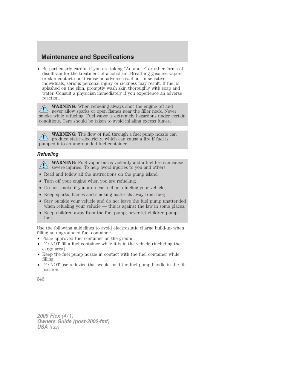 Refueling, Maintenance and specifications | FORD 2009 Flex v.1 User Manual | Page 346 / 374