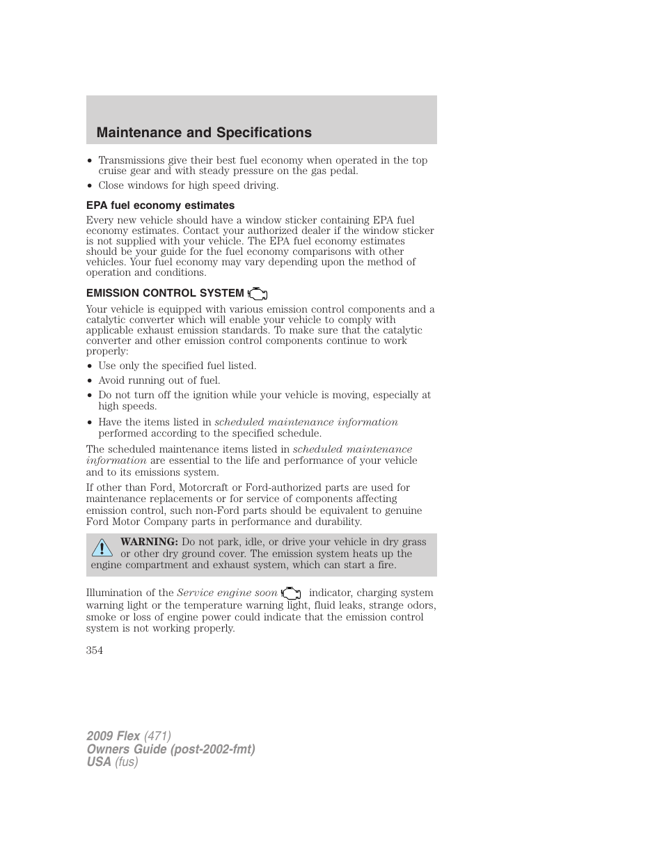 Epa fuel economy estimates, Emission control system, Maintenance and specifications | FORD 2009 Flex v.1 User Manual | Page 354 / 374