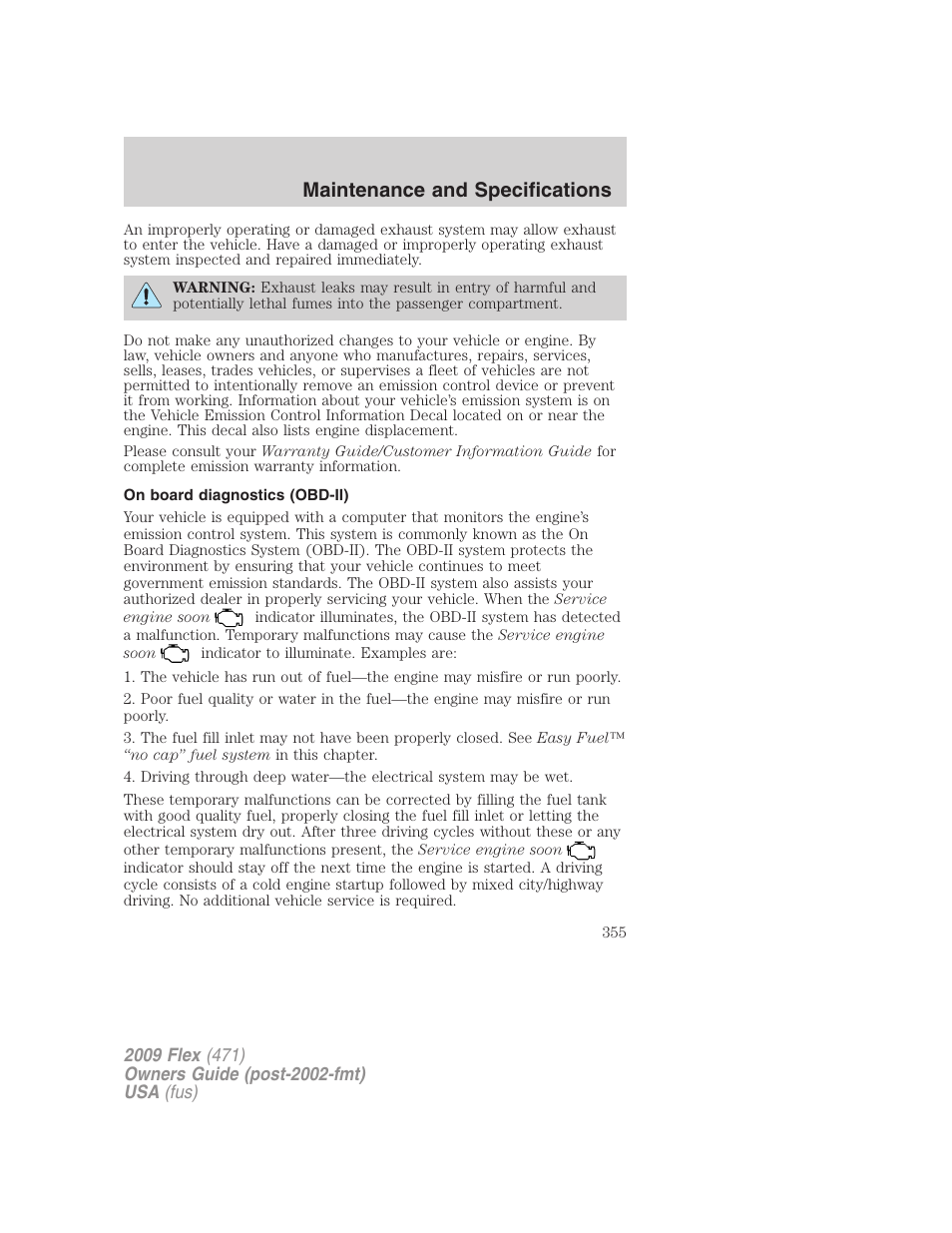 On board diagnostics (obd-ii), Maintenance and specifications | FORD 2009 Flex v.1 User Manual | Page 355 / 374