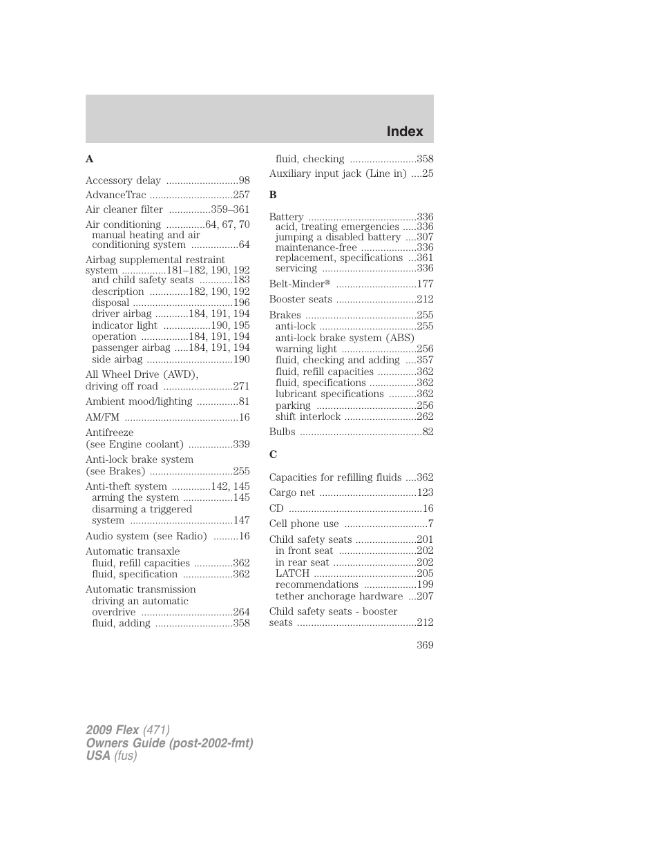 Index | FORD 2009 Flex v.1 User Manual | Page 369 / 374