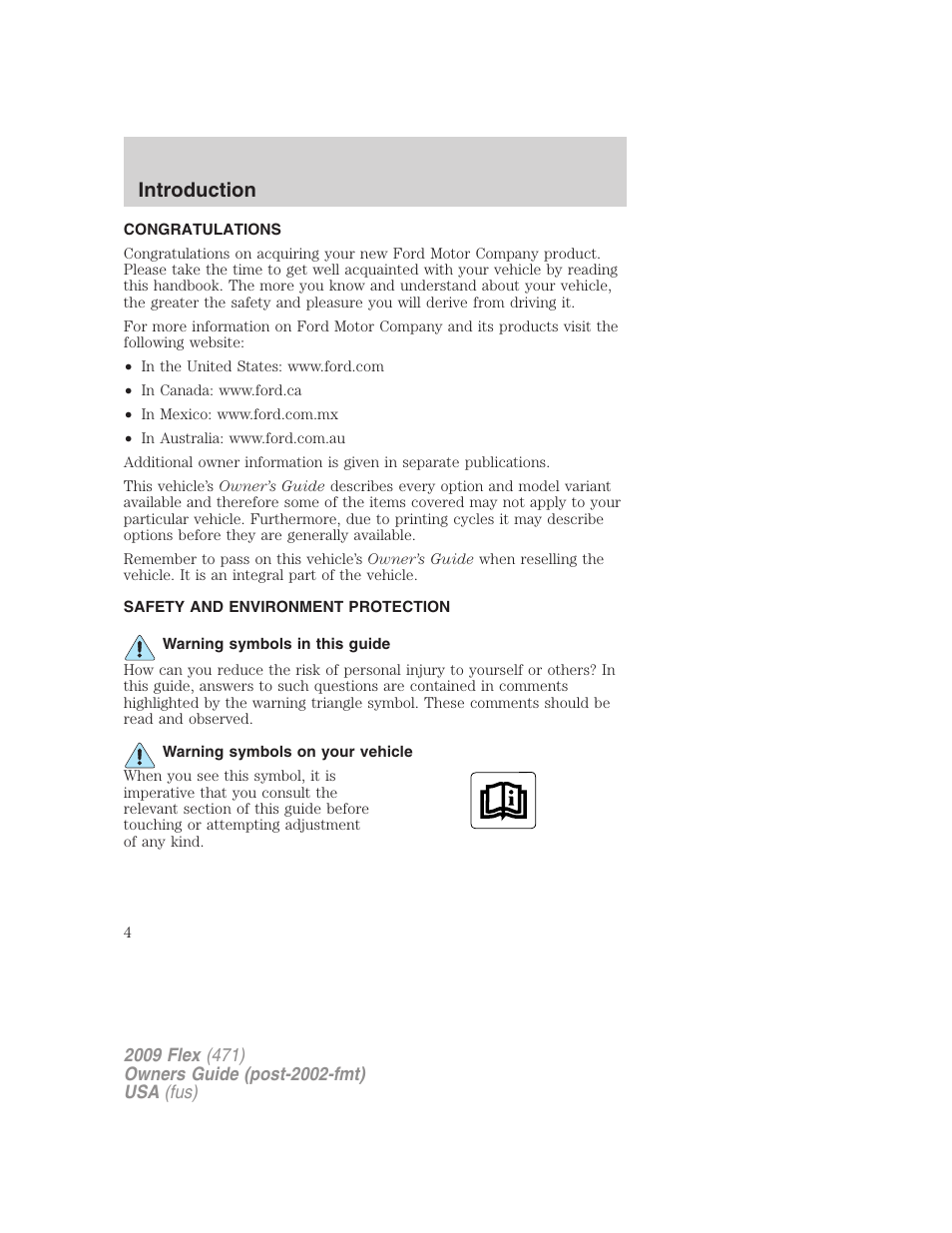 Introduction, Congratulations, Safety and environment protection | Warning symbols in this guide, Warning symbols on your vehicle | FORD 2009 Flex v.1 User Manual | Page 4 / 374