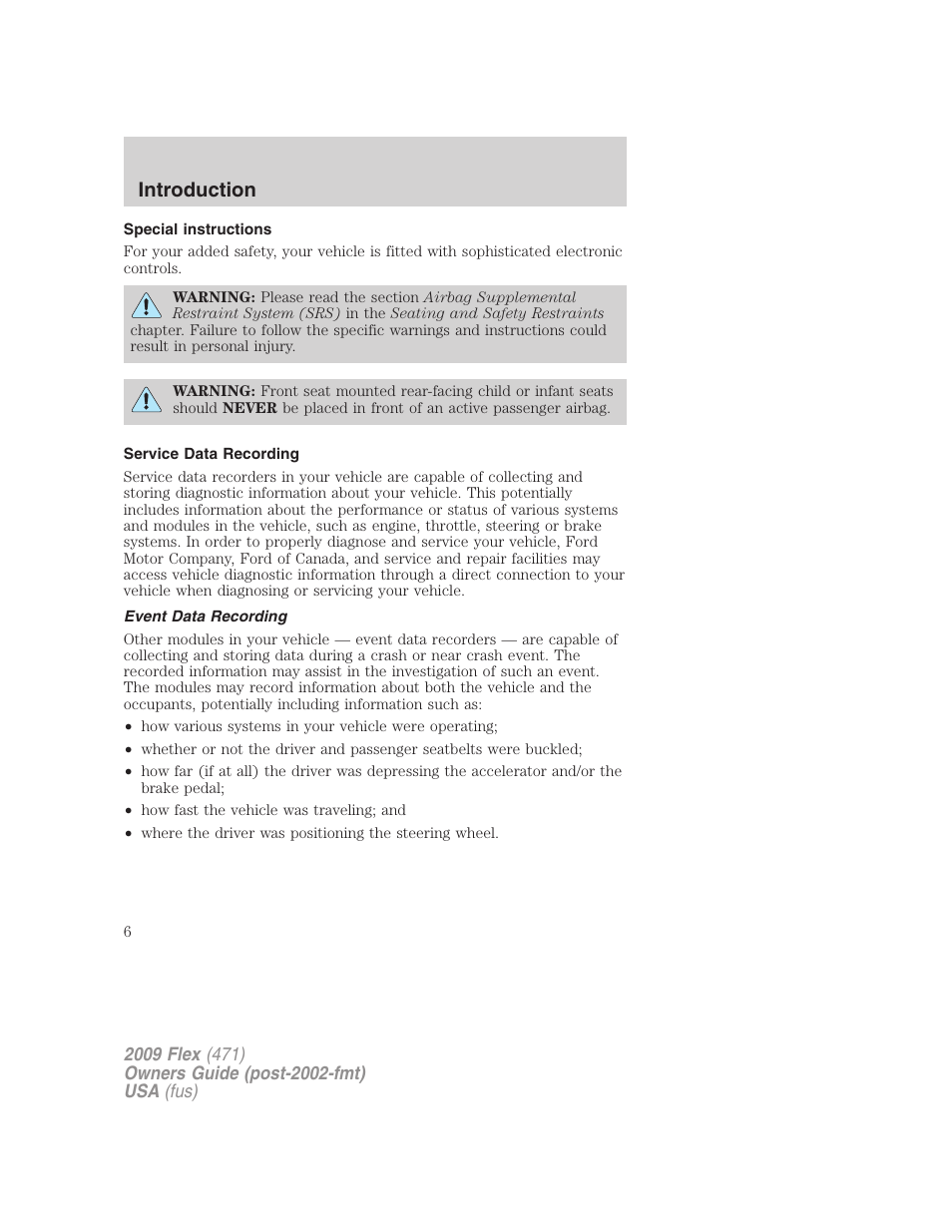 Special instructions, Service data recording, Event data recording | Introduction | FORD 2009 Flex v.1 User Manual | Page 6 / 374