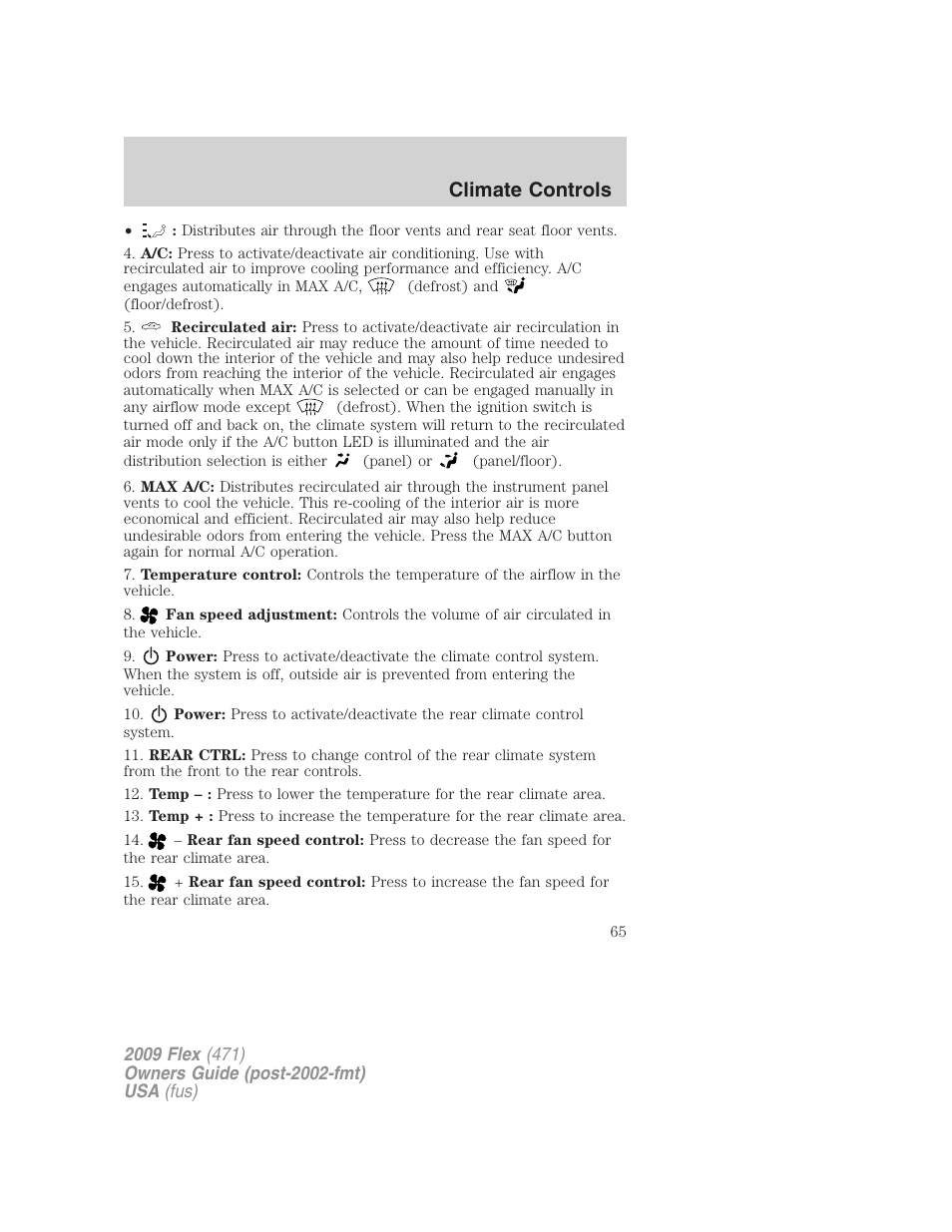 Climate controls | FORD 2009 Flex v.1 User Manual | Page 65 / 374