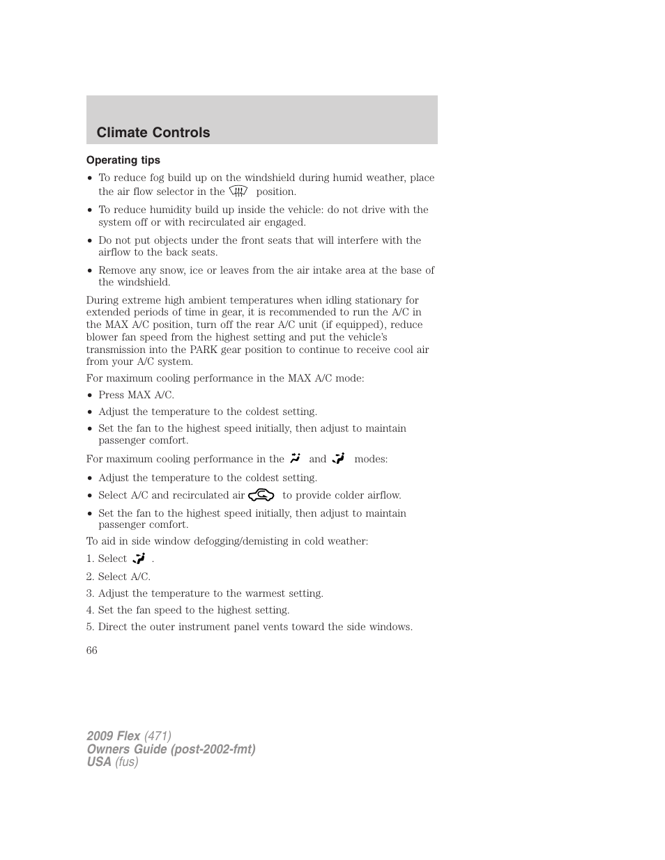 Operating tips, Climate controls | FORD 2009 Flex v.1 User Manual | Page 66 / 374