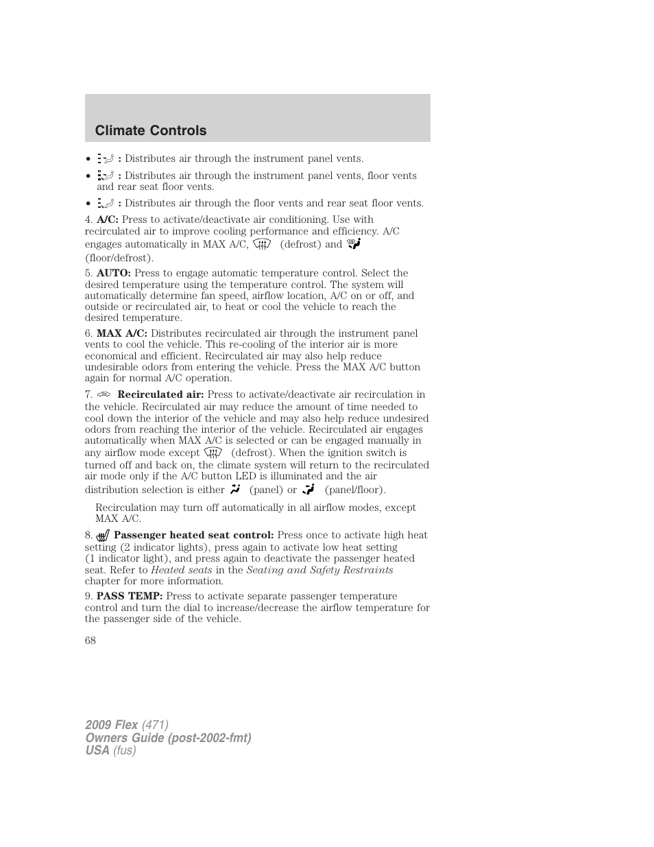 Climate controls | FORD 2009 Flex v.1 User Manual | Page 68 / 374