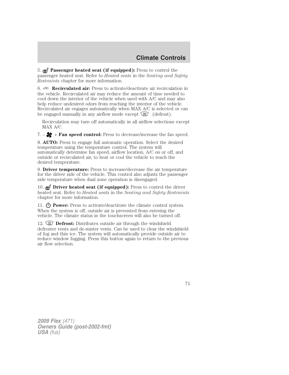 Climate controls | FORD 2009 Flex v.1 User Manual | Page 71 / 374