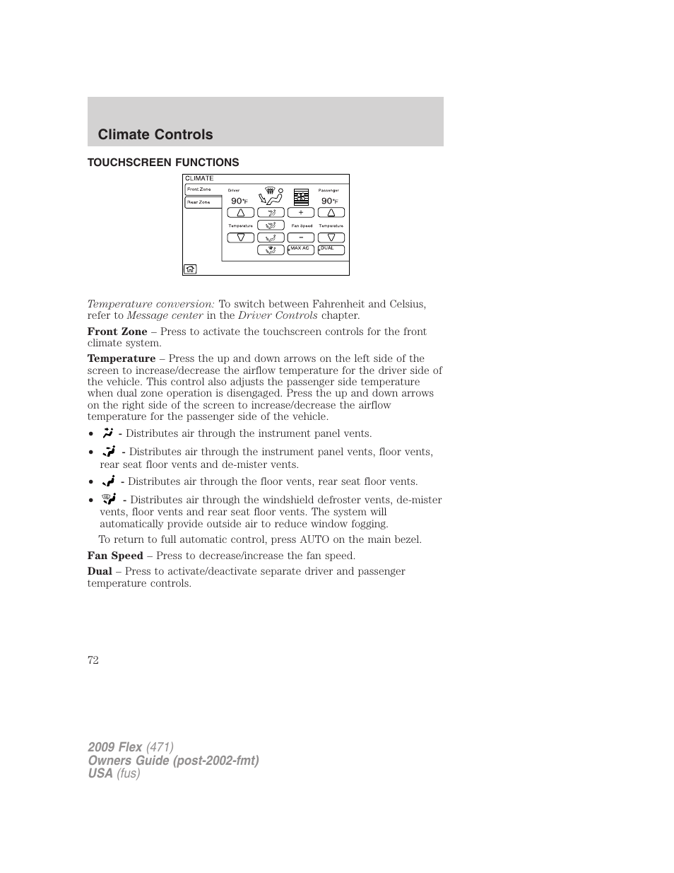 Touchscreen functions, Climate controls | FORD 2009 Flex v.1 User Manual | Page 72 / 374