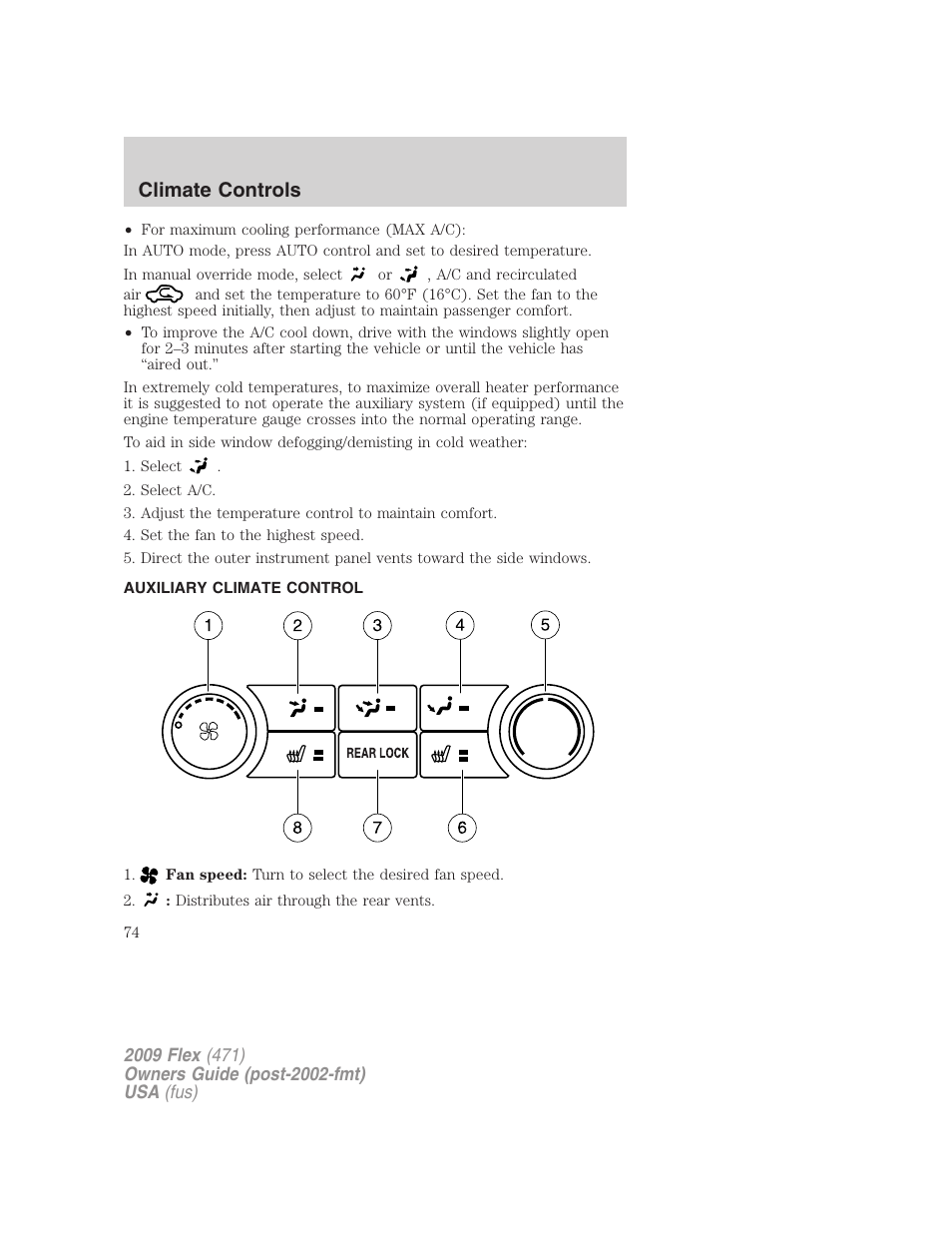 Auxiliary climate control, Climate controls | FORD 2009 Flex v.1 User Manual | Page 74 / 374