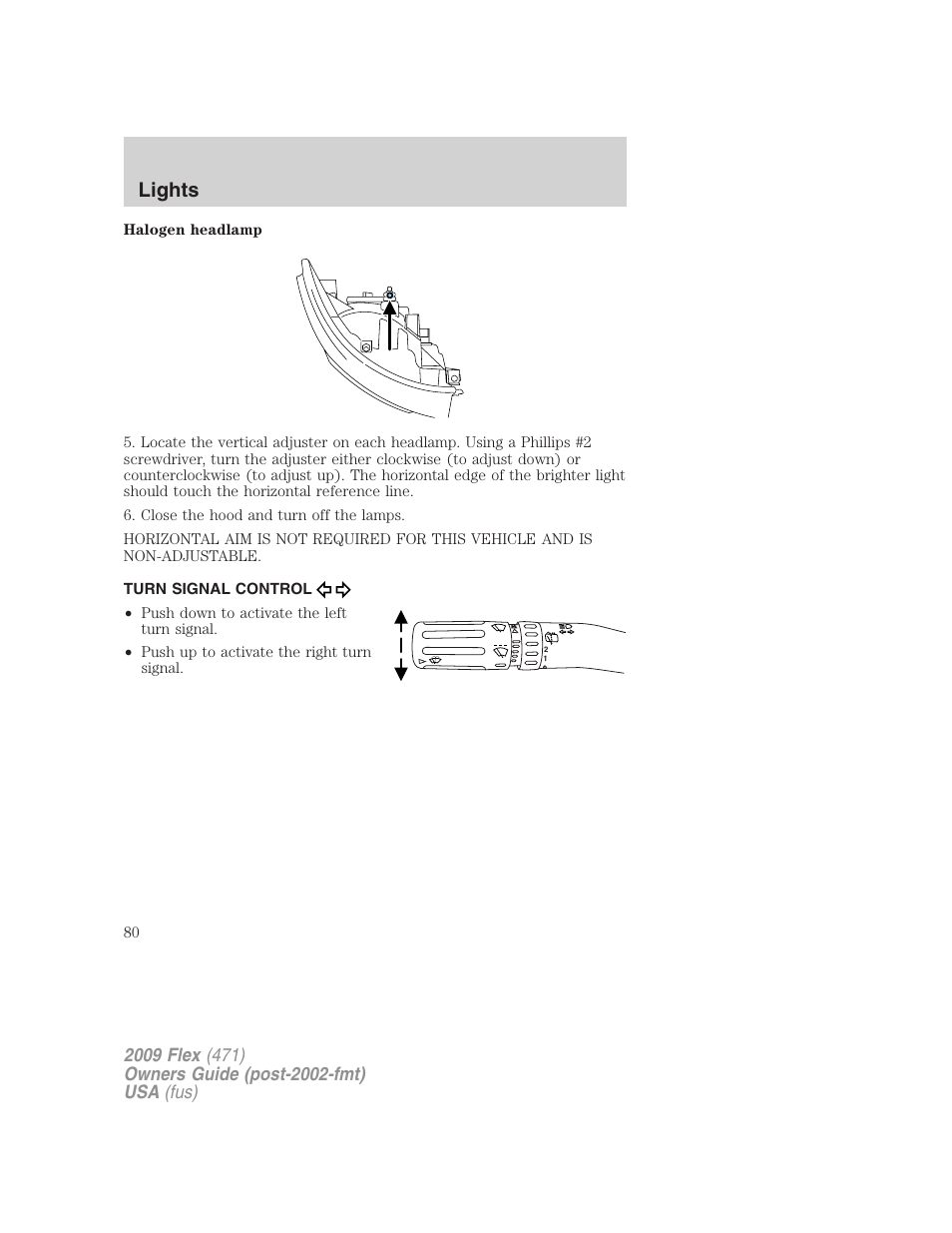 Turn signal control, Lights | FORD 2009 Flex v.1 User Manual | Page 80 / 374