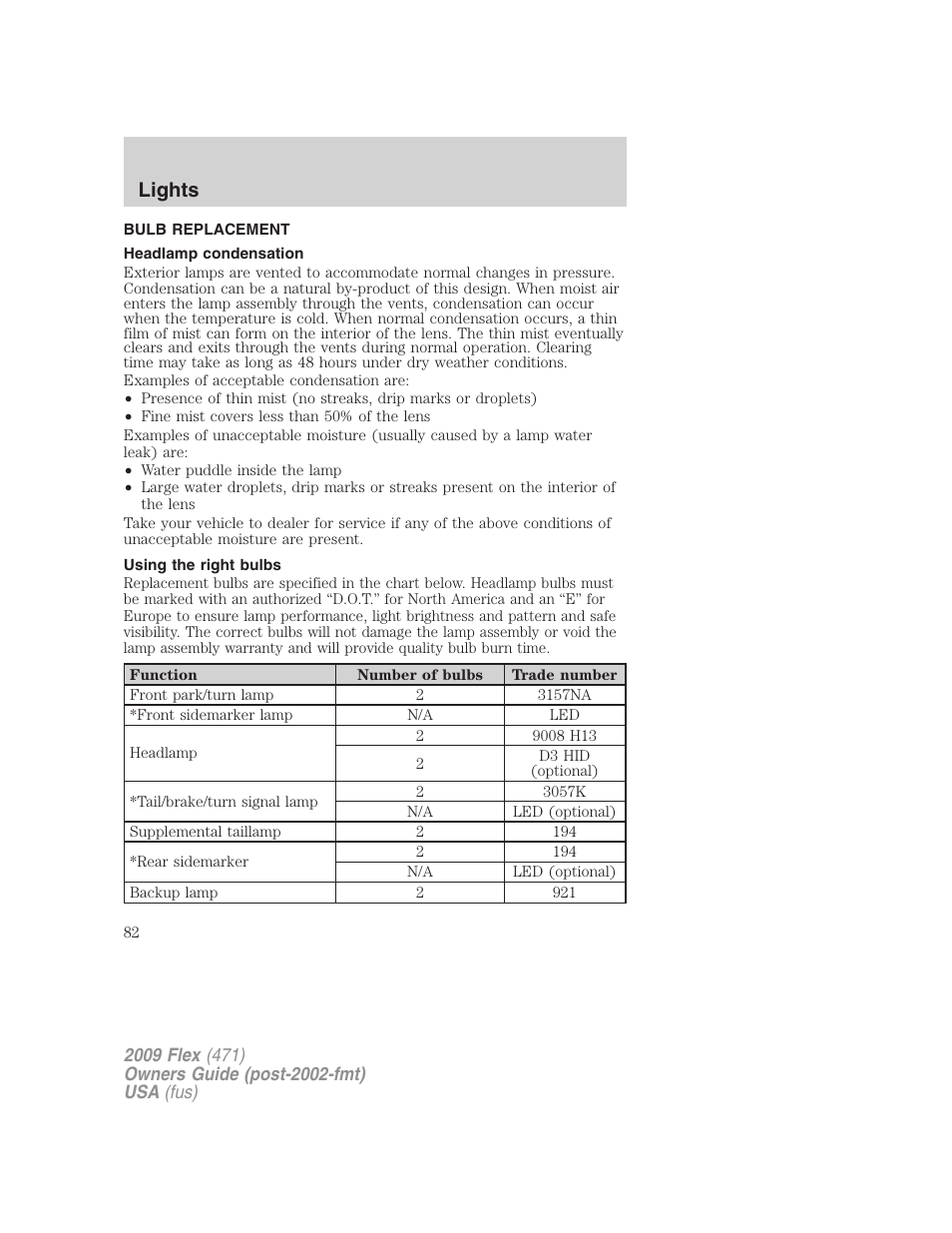 Bulb replacement, Headlamp condensation, Using the right bulbs | Lights | FORD 2009 Flex v.1 User Manual | Page 82 / 374